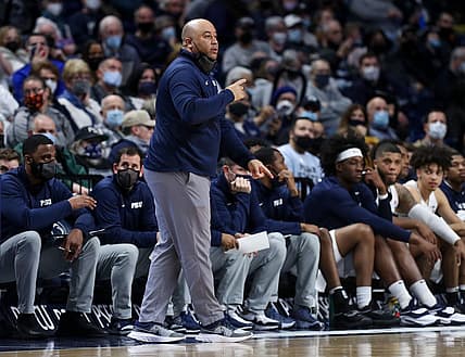 Feb 27, 2022; University Park, Pennsylvania, USA; Penn State Nittany Lions head coach Micah Shrewsberry looks on from the bench during the second half against the Nebraska Cornhuskers at Bryce Jordan Center. Nebraska defeated Penn State 93-70. Mandatory Credit: Matthew OHaren-USA TODAY Sports