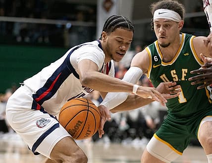 Jan 5, 2023; San Francisco, California, USA; Gonzaga Bulldogs guard Rasir Bolton (45) loses the ball to San Francisco Dons guard Tyrell Roberts (1) during the first half at War Memorial at the Sobrato Center. Mandatory Credit: D. Ross Cameron-USA TODAY Sports