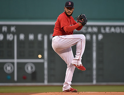 Apr 20, 2021; Boston, Massachusetts, USA;  Boston Red Sox starting pitcher Eduardo Rodriguez (57) pitches during the first inning against the Toronto Blue Jays at Fenway Park. Mandatory Credit: Bob DeChiara-USA TODAY Sports