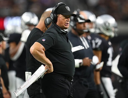 Sep 13, 2021; Paradise, Nevada, USA; Las Vegas Raiders head coach Jon Gruden watches game action against the Baltimore Ravens during the first half at Allegiant Stadium. Mandatory Credit: Mark J. Rebilas-USA TODAY Sports