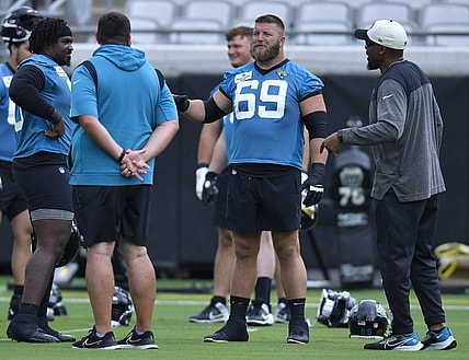 Jacksonville Jaguars center Tyler Shatley (69) talks with players and coaches during Monday morning's offseason camp session. Rookies and veterans gathered at TIAA Bank Field Monday, May 22, 2023 for the start of the Jacksonville Jaguars offseason camp. [Bob Self/Florida Times-Union]