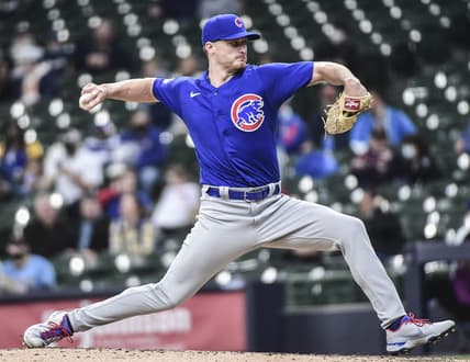 Apr 14, 2021; Milwaukee, Wisconsin, USA;  Chicago Cubs pitcher Shelby Miller (29) throws a pitch in the sixth inning against the Milwaukee Brewers at American Family Field. Mandatory Credit: Benny Sieu-USA TODAY Sports
