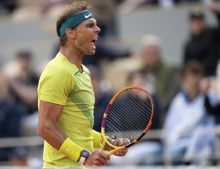 May 29, 2022; Paris, France; Rafael Nadal (ESP) reacts to a point during his match against Felix Auger-Aliassime (CAN) on day eight of the French Open at Stade Roland-Garros. Mandatory Credit: Susan Mullane-USA TODAY Sports