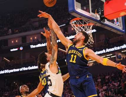 Feb 26, 2023; San Francisco, California, USA; Golden State Warriors guard Klay Thompson (11) defends the shot by Minnesota Timberwolves guard Austin Rivers (25) during the first quarter at Chase Center. Mandatory Credit: Kelley L Cox-USA TODAY Sports