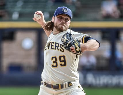 Oct 5, 2022; Milwaukee, Wisconsin, USA; Milwaukee Brewers pitcher Corbin Burnes (39) throws a pitch in the first inning against the Arizona Diamondbacks at American Family Field. Mandatory Credit: Benny Sieu-USA TODAY Sports
