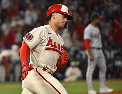 Apr 11, 2023; Anaheim, California, USA; Los Angeles Angels catcher Logan O'Hoppe (14) heads to first on a solo home run in the sixth inning against the Washington Nationals at Angel Stadium. Mandatory Credit: Jayne Kamin-Oncea-USA TODAY Sports