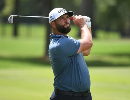 Aug 11, 2023; Memphis, Tennessee, USA; Jon Rahm watches his second shot on the ninth hole during the second round of the FedEx St. Jude Championship golf tournament. Mandatory Credit: Christopher Hanewinckel-USA TODAY Sports