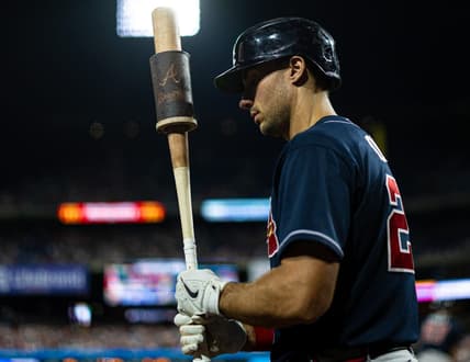 Sep 11, 2023; Philadelphia, Pennsylvania, USA; Atlanta Braves first baseman Matt Olson (28) at the on deck circle during the fifth inning against the Philadelphia Phillies at Citizens Bank Park. Mandatory Credit: Bill Streicher-USA TODAY Sports