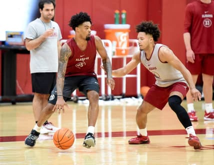 Alabama guard Aaron Estrada dribbles the ball with Alabama guard Mark Sears (1) defending during practice for the Crimson Tide Men   s Basketball team Monday, Sept. 25, 2023.