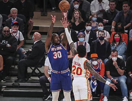 Jun 2, 2021; New York, New York, USA; New York Knicks forward Julius Randle (30) takes a three point shot in the first quarter against the Atlanta Hawks during game five in the first round of the 2021 NBA Playoffs. at Madison Square Garden. Mandatory Credit: Wendell Cruz-USA TODAY Sports