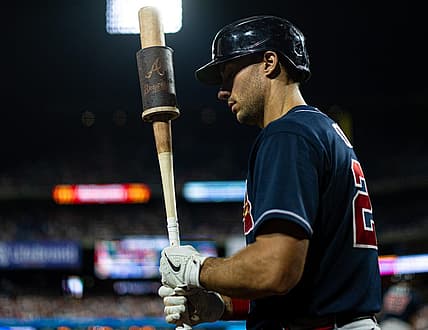 Sep 11, 2023; Philadelphia, Pennsylvania, USA; Atlanta Braves first baseman Matt Olson (28) at the on deck circle during the fifth inning against the Philadelphia Phillies at Citizens Bank Park. Mandatory Credit: Bill Streicher-USA TODAY Sports
