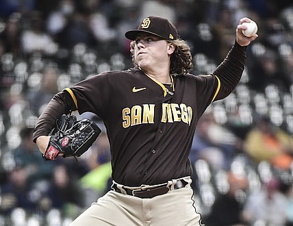 May 27, 2021; Milwaukee, Wisconsin, USA; San Diego Padres pitcher Ryan Weathers (40) pitches in the first inning against the Milwaukee Brewers at American Family Field. Mandatory Credit: Benny Sieu-USA TODAY Sports