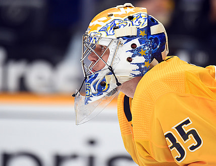 May 10, 2021; Nashville, Tennessee, USA; Nashville Predators goaltender Pekka Rinne (35) in net during the second period against the Carolina Hurricanes at Bridgestone Arena. Mandatory Credit: Christopher Hanewinckel-USA TODAY Sports