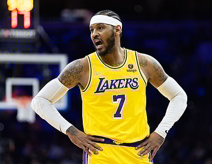 Jan 27, 2022; Philadelphia, Pennsylvania, USA; Los Angeles Lakers forward Carmelo Anthony (7) in a game against the Philadelphia 76ers during the second quarter at Wells Fargo Center. Mandatory Credit: Bill Streicher-USA TODAY Sports