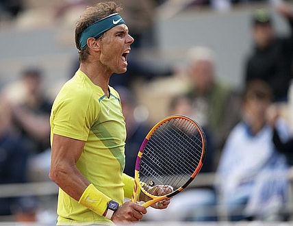May 29, 2022; Paris, France; Rafael Nadal (ESP) reacts to a point during his match against Felix Auger-Aliassime (CAN) on day eight of the French Open at Stade Roland-Garros. Mandatory Credit: Susan Mullane-USA TODAY Sports