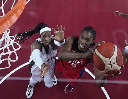 Jul 27, 2021; Saitama, Japan; USA player Sylvia Fowles (13) shoots against Nigeria during the Tokyo 2020 Olympic Summer Games at Saitama Super Arena. Mandatory Credit: Kyle Terada-USA TODAY Sports