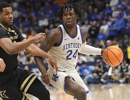 Mar 10, 2023; Nashville, TN, USA; Kentucky Wildcats forward Chris Livingston (24) dribbles against the Vanderbilt Commodores during the second half at Bridgestone Arena. Mandatory Credit: Steve Roberts-USA TODAY Sports