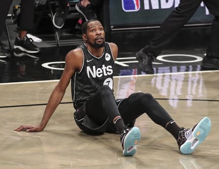 Apr 25, 2021; Brooklyn, New York, USA; Brooklyn Nets forward Kevin Durant (7) looks up after getting fouled in the fourth quarter against the Phoenix Suns at Barclays Center. Mandatory Credit: Wendell Cruz-USA TODAY Sports