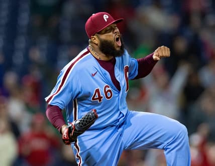 Sep 22, 2022; Philadelphia, Pennsylvania, USA; Philadelphia Phillies relief pitcher Jose Alvarado (46) reacts after a strike out to complete a victory against the Atlanta Braves at Citizens Bank Park. Mandatory Credit: Bill Streicher-USA TODAY Sports