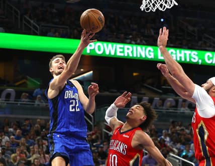 Jan 20, 2023; Orlando, Florida, USA; New Orleans Pelicans center Jaxson Hayes (10) fouls Orlando Magic forward Franz Wagner (22) during the first quarter at Amway Center. Mandatory Credit: Kim Klement-USA TODAY Sports