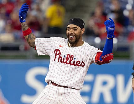 Sep 7, 2022; Philadelphia, Pennsylvania, USA; Philadelphia Phillies shortstop Edmundo Sosa (33) reacts after hitting an RBI double during the seventh inning against the Miami Marlins at Citizens Bank Park. Mandatory Credit: Bill Streicher-USA TODAY Sports