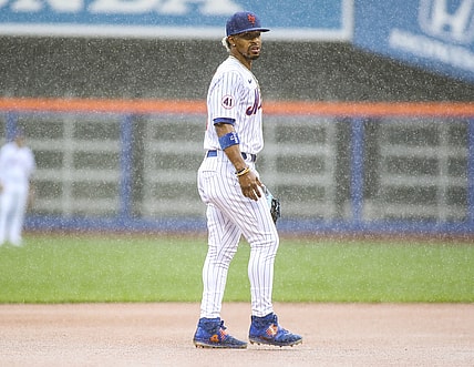 Apr 11, 2021; New York City, New York, USA; New York Mets shortstop Francisco Lindor (12) takes the field in the top of the first inning against the Miami Marlins prior to a rain delay at Citi Field. Mandatory Credit: Wendell Cruz-USA TODAY Sports
