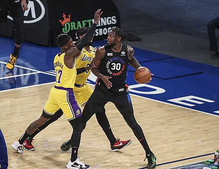 Apr 12, 2021; New York, New York, USA;  New York Knicks forward Julius Randle (30) is double teamed against the Los Angeles Lakers in the first quarter at Madison Square Garden. Mandatory Credit: Wendell Cruz-USA TODAY Sports