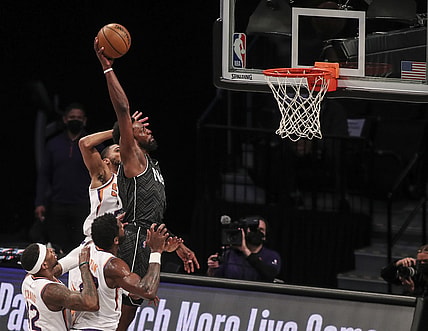 Apr 25, 2021; Brooklyn, New York, USA; Brooklyn Nets forward Jeff Green (8) goes in for a slam dunk in the first quarter against the Phoenix Suns at Barclays Center. Mandatory Credit: Wendell Cruz-USA TODAY Sports