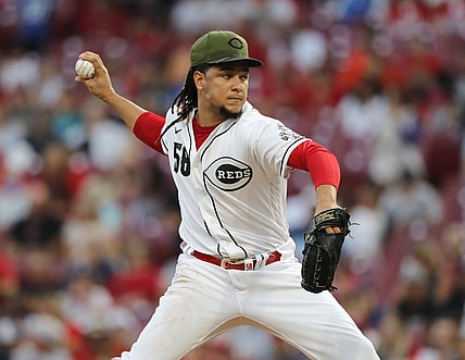 Sep 17, 2021; Cincinnati, Ohio, USA; Cincinnati Reds starting pitcher Luis Castillo (58) throws a pitch Los Angeles Dodgers during the first inning at Great American Ball Park. Mandatory Credit: David Kohl-USA TODAY Sports