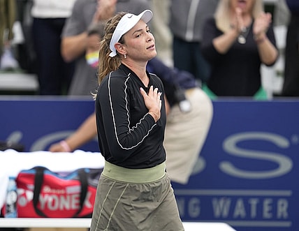 Oct 14, 2022; San Diego, California, US;  Donna Vekic of Croatia reacts to her victory against Aryna Sabalenka during the San Diego Open at Barnes Tennis Center. Mandatory Credit: Ray Acevedo-USA TODAY Sports
