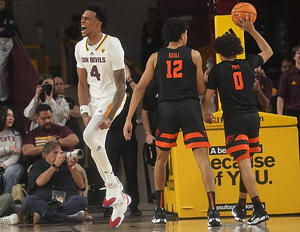 Feb 2, 2023; Tempe, Arizona, USA; Arizona State Sun Devils guard Desmond Cambridge Jr. (4) celebrates a score against the Oregon State Beavers at Desert Financial Arena. Mandatory Credit: Joe Rondone-Arizona Republic

Basketball Osu Asu Mbb Oregon State At Arizona State
