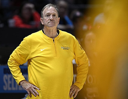 Nov 14, 2023; San Diego, California, USA; Long Beach State 49ers head coach Dan Monson looks on during the second half against the San Diego State Aztecs at Viejas Arena. Mandatory Credit: Orlando Ramirez-USA TODAY Sports