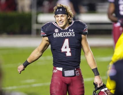 Nov 21, 2020; Columbia, South Carolina, USA; South Carolina Gamecocks quarterback Luke Doty (4) leaves the field following a loss to the Missouri Tigers at Williams-Brice Stadium. Mandatory Credit: Jeff Blake-USA TODAY Sports