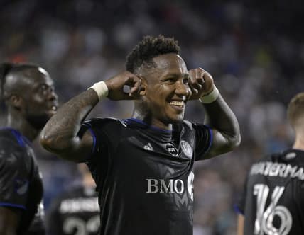 Aug 20, 2022; Montreal, Quebec, CAN; CF Montreal midfielder Romell Quioto (30)  celebrates after scoring a goal against the New England Revolution during the first half at Stade Saputo. Mandatory Credit: Eric Bolte-USA TODAY Sports