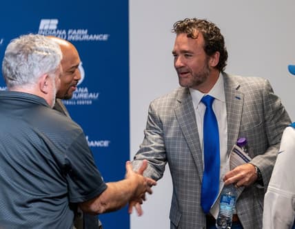 Newly announced interim head coach Jeff Saturday greets media members following a press conference on Monday, Nov. 7, 2022, during a press conference at the Colts headquarters in Indianapolis.