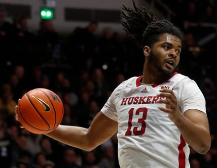 Nebraska Cornhuskers forward Derrick Walker (13) grabs a rebound during the NCAA men   s basketball game against the Purdue Boilermakers, Friday, Jan. 13, 2023, at Mackey Arena in West Lafayette, Ind. Purdue won 73-55.

Purduenebraskambb011323 Am01058