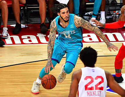 Aug 16, 2021; Las Vegas, Nevada, USA; Charlotte Hornets forward LiAngelo Ball (8) dribbles during an NBA Summer League game against the Chicago Bulls at Thomas & Mack Center. Mandatory Credit: Stephen R. Sylvanie-USA TODAY Sports