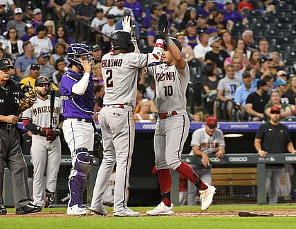 Aug 13, 2022; Denver, Colorado, USA; Arizona Diamondbacks shortstop Geraldo Perdomo (2) high fives Arizona Diamondbacks third baseman Josh Rojas (10) after his home run in the fifth inning against the Colorado Rockies at Coors Field. Mandatory Credit: John Leyba-USA TODAY Sports