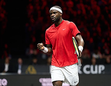 Sep 24, 2022; London, United Kingdom;Frances Tiafoe (USA) reacts to a point against Novak Djokovic (SRB) in a Laver Cup singles match.  Mandatory Credit: Peter van den Berg-USA TODAY Sports