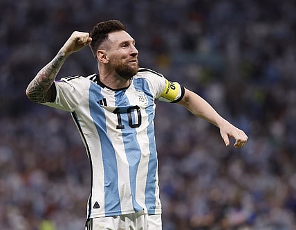 Dec 9, 2022; Lusail City, QATAR; Argentina forward Lionel Messi (10) celebrates after defeating Netherlands in the quarterfinals of the 2022 FIFA World Cup at Lusail Stadium. Mandatory Credit: Yukihito Taguchi-USA TODAY Sports