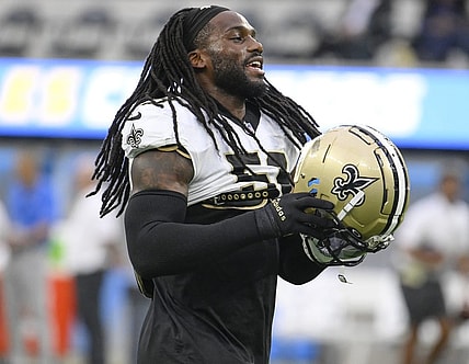 Aug 20, 2023; Inglewood, California, USA; New Orleans Saints linebacker Jaylon Smith (59) during pregame warmups against the Los Angeles Chargers at SoFi Stadium. Mandatory Credit: Robert Hanashiro-USA TODAY Sports