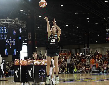 Jul 9, 2022; Chicago, Ill, USA; Sabrina Ionescu competes during the 2022 WNBA All-Star Game skills competition at Wintrust Arena. Mandatory Credit: David Banks-USA TODAY Sports