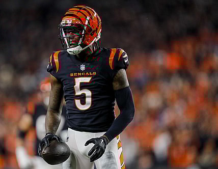 Nov 5, 2023; Cincinnati, Ohio, USA; Cincinnati Bengals wide receiver Tee Higgins (5) reacts after advancing the ball against the Buffalo Bills in the second half at Paycor Stadium. Mandatory Credit: Katie Stratman-USA TODAY Sports