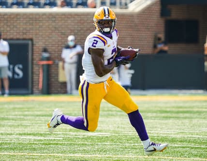 Oct 10, 2020; Columbia, Missouri, USA; LSU Tigers tight end Arik Gilbert (2) runs against the Missouri Tigers during the first half at Faurot Field at Memorial Stadium. Mandatory Credit: Jay Biggerstaff-USA TODAY Sports