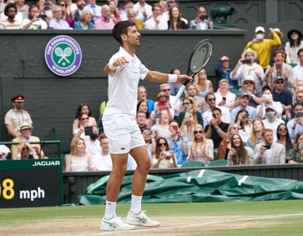 Jul 11, 2021; London, United Kingdom; Novak Djokovic (SRB) celebrates winning the mens final against Matteo Berrettini (ITA) on Centre Court at All England Lawn Tennis and Croquet Club. Mandatory Credit: Peter van den Berg-USA TODAY Sports