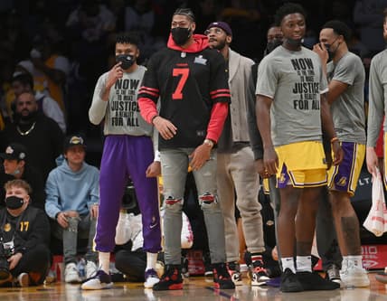 Jan 17, 2022; Los Angeles, California, USA;  Los Angeles Lakers forward Anthony Davis (3) looks on from the bench in the first half of the game against the Utah Jazz at Crypto.com Arena. Mandatory Credit: Jayne Kamin-Oncea-USA TODAY Sports