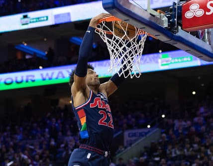 Mar 29, 2022; Philadelphia, Pennsylvania, USA; Philadelphia 76ers guard Matisse Thybulle (22) dunks the ball against the Milwaukee Bucks during the second quarter at Wells Fargo Center. Mandatory Credit: Bill Streicher-USA TODAY Sports