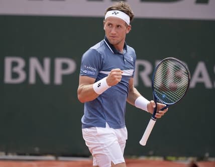 Jun 2, 2021; Paris, France;  Casper Ruud (NOR) reacts during his match against Kamil Majchrzak (POL) on day four of the French Open at Stade Roland Garros. Mandatory Credit: Susan Mullane-USA TODAY Sports