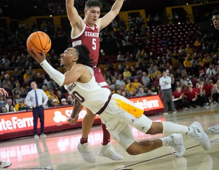 Dec 4, 2022; Tempe, Arizona, USA;  Arizona State guard Frankie Collins (10) puts a shot up against Stanford guard Michael O'Connell (5) during Pac 12 play at Desert Financial Arena. Mandatory Credit: Michael Chow-Arizona Republic

Basketball Asu Stan Stanford At Arizona State