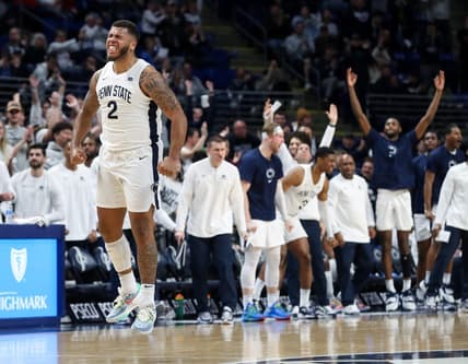Mar 5, 2023; University Park, Pennsylvania, USA; Penn State Nittany Lions guard/forward Myles Dread (2) reacts after making a three point basket during the second half against the Maryland Terrapins at Bryce Jordan Center. Mandatory Credit: Matthew OHaren-USA TODAY Sports